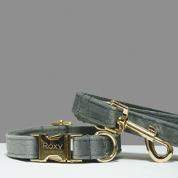 Серебристый ошейник для собак бархатный с поводком, бабочкой и сумочкой, гравировка имени, M (27-41 см)